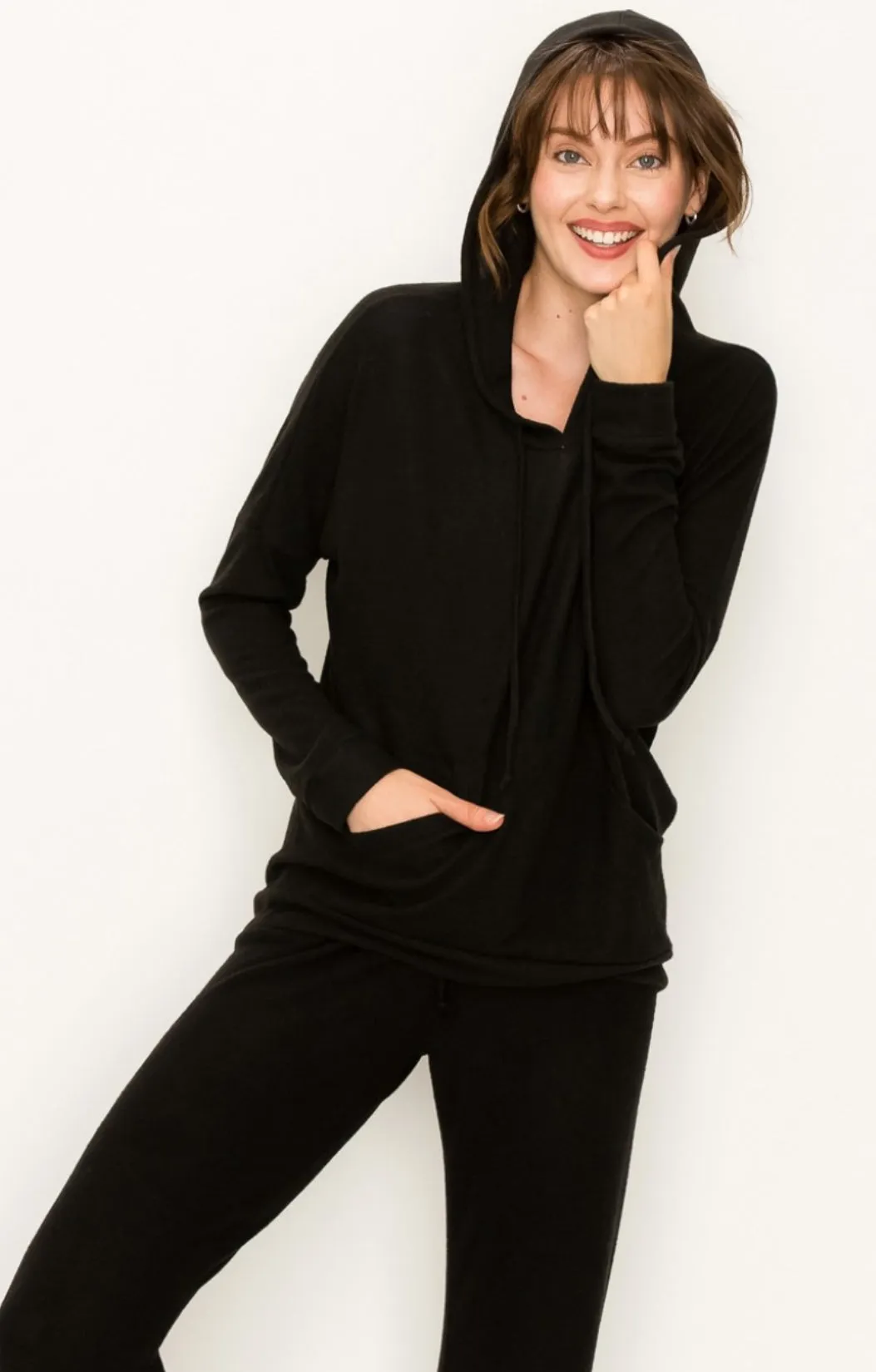 Comfy hoodie top in black in our cozy brushed jersey