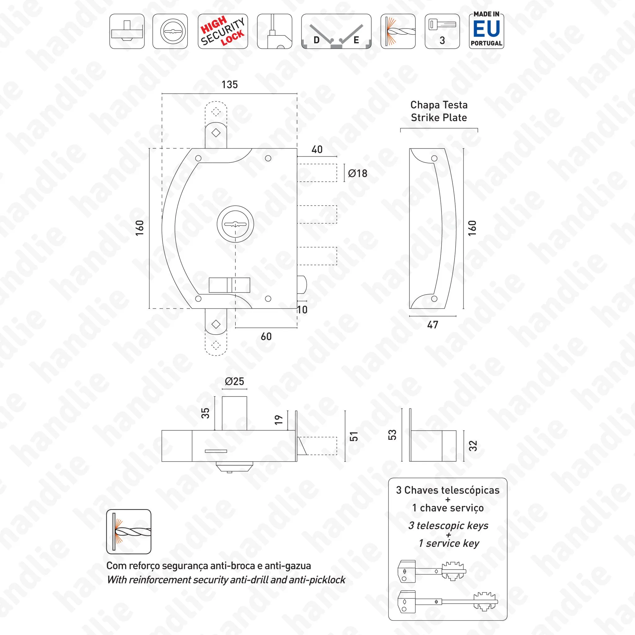 F.2500.AZ - Fechadura alta segurança de sobrepor para trancas verticais