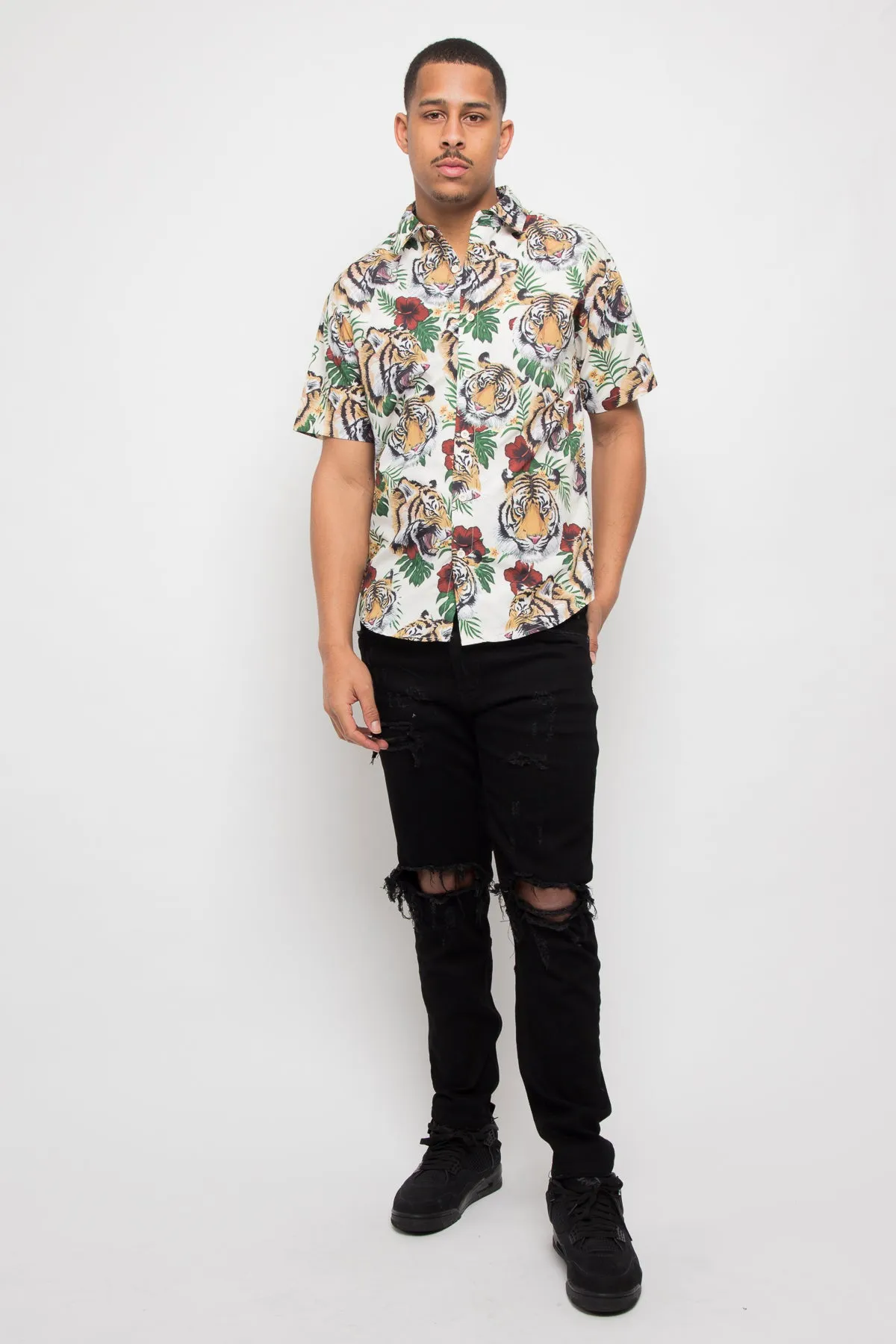 Floral Tiger Button Up