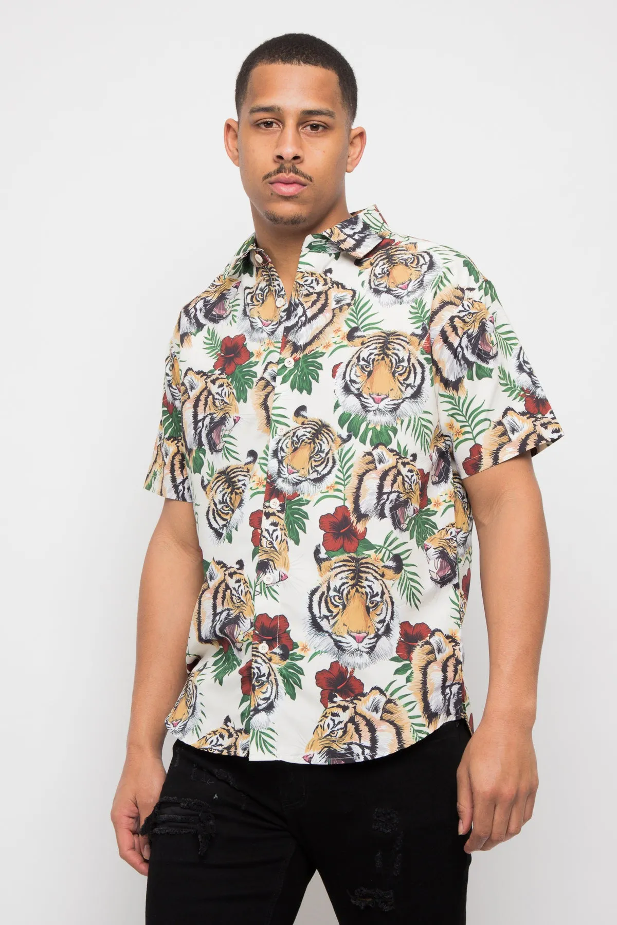 Floral Tiger Button Up