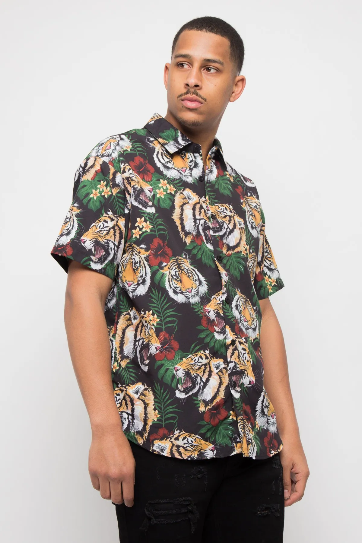 Floral Tiger Button Up