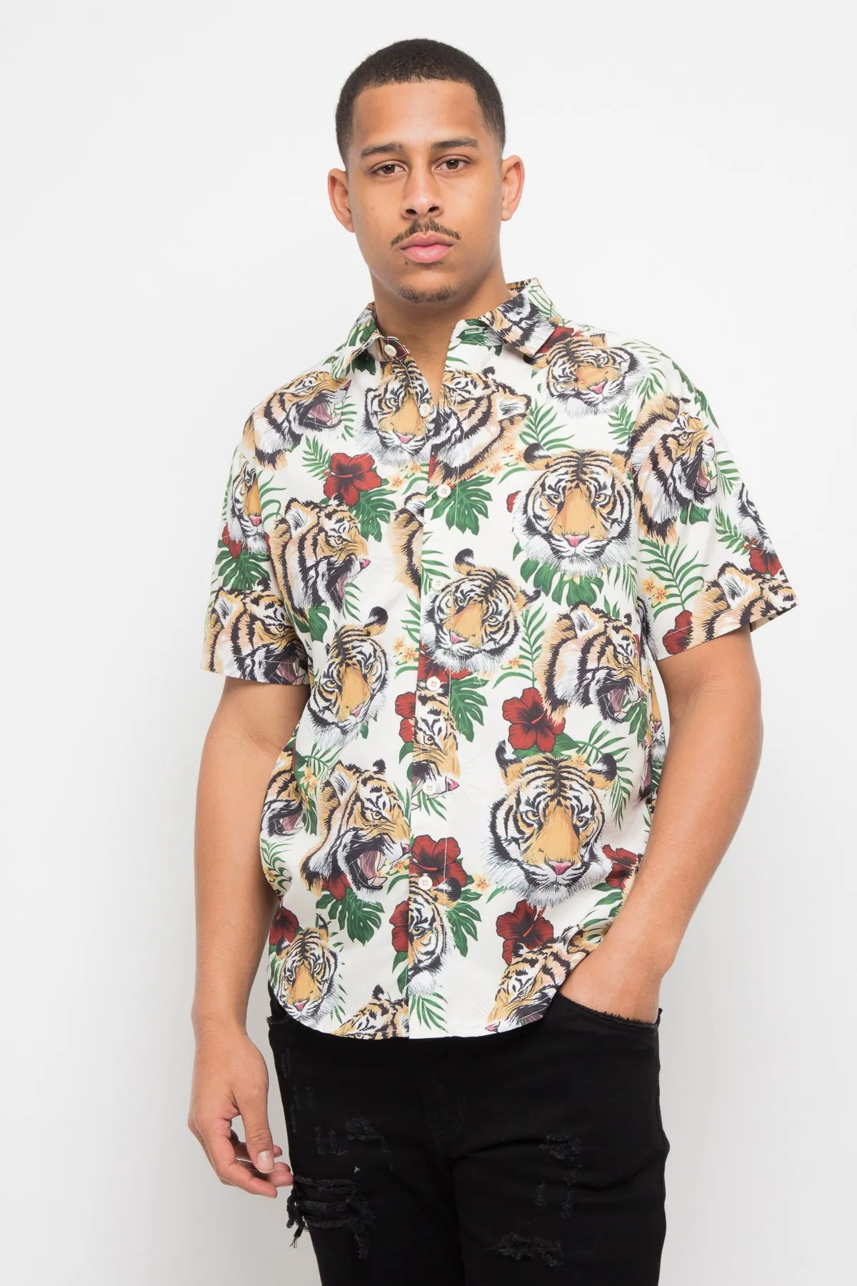 Floral Tiger Button Up