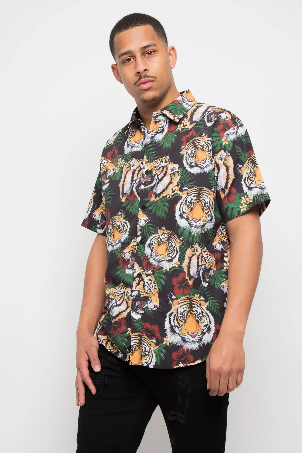 Floral Tiger Button Up