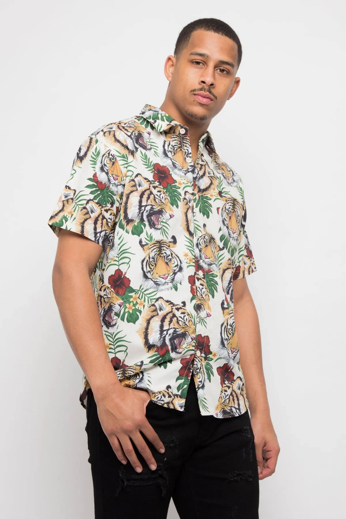 Floral Tiger Button Up