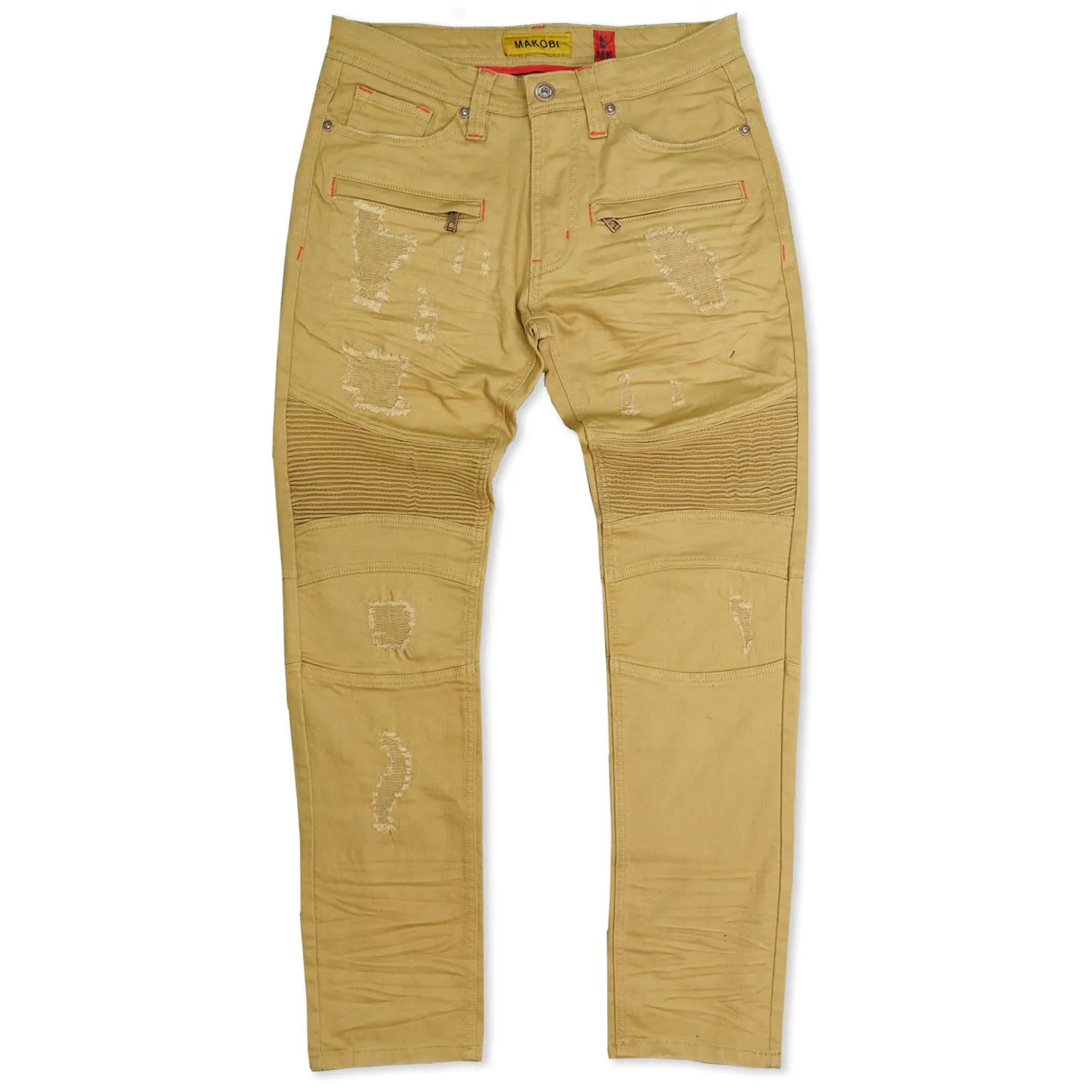 M1786 Makobi Prado Biker Jeans with Rip & Repair - Khaki