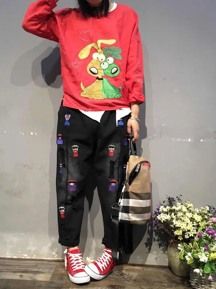 Vintage Cartoon Embroidered Rips Harem Jeans For Women