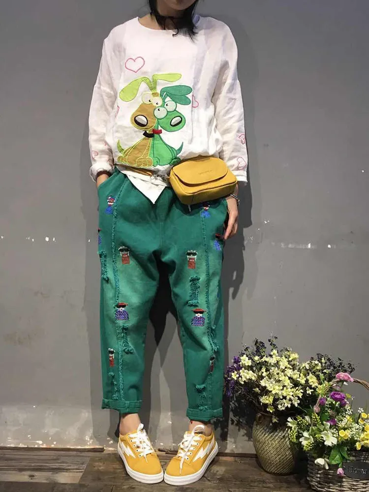 Vintage Cartoon Embroidered Rips Harem Jeans For Women