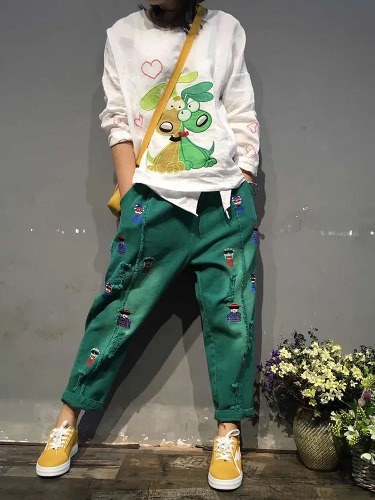 Vintage Cartoon Embroidered Rips Harem Jeans For Women