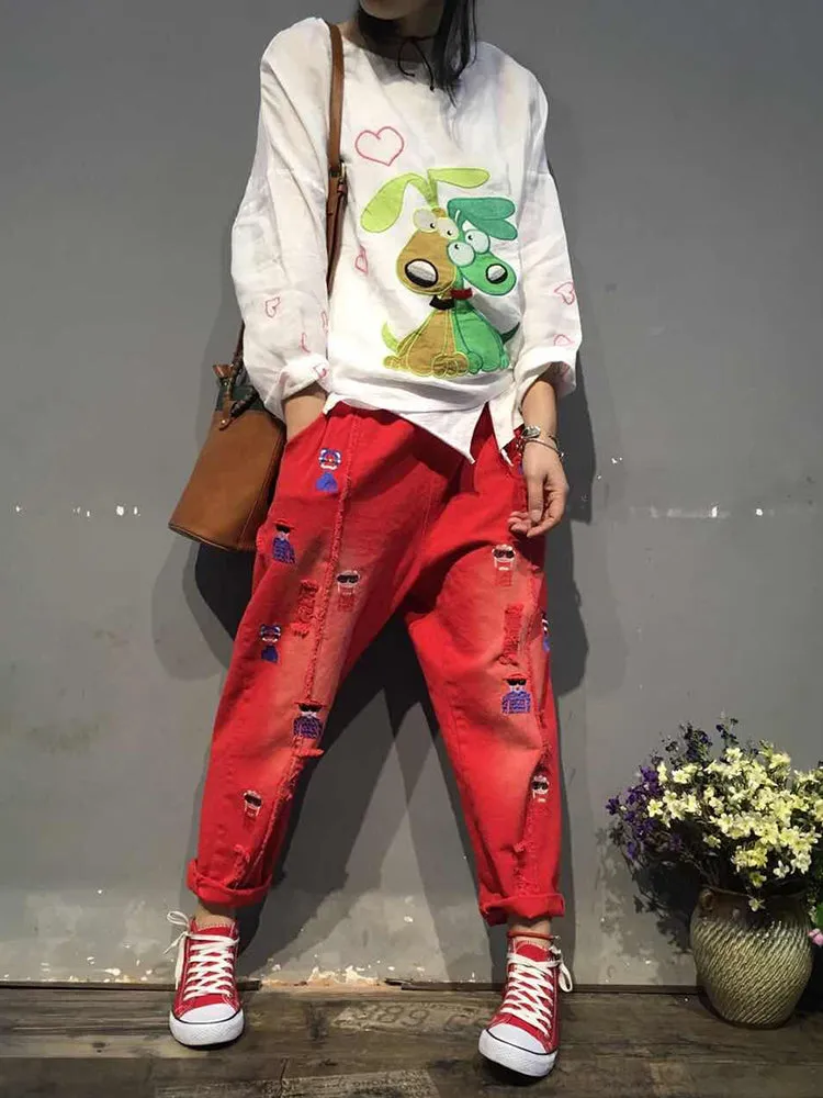 Vintage Cartoon Embroidered Rips Harem Jeans For Women